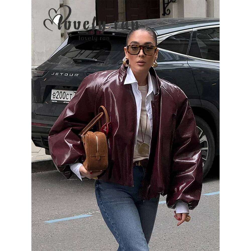Y2k Bury Leather Bomber Jacket Women Urban Lapel Zipper Pocket Cropped Short Female Coats 2024 Lady Casual Outerwear