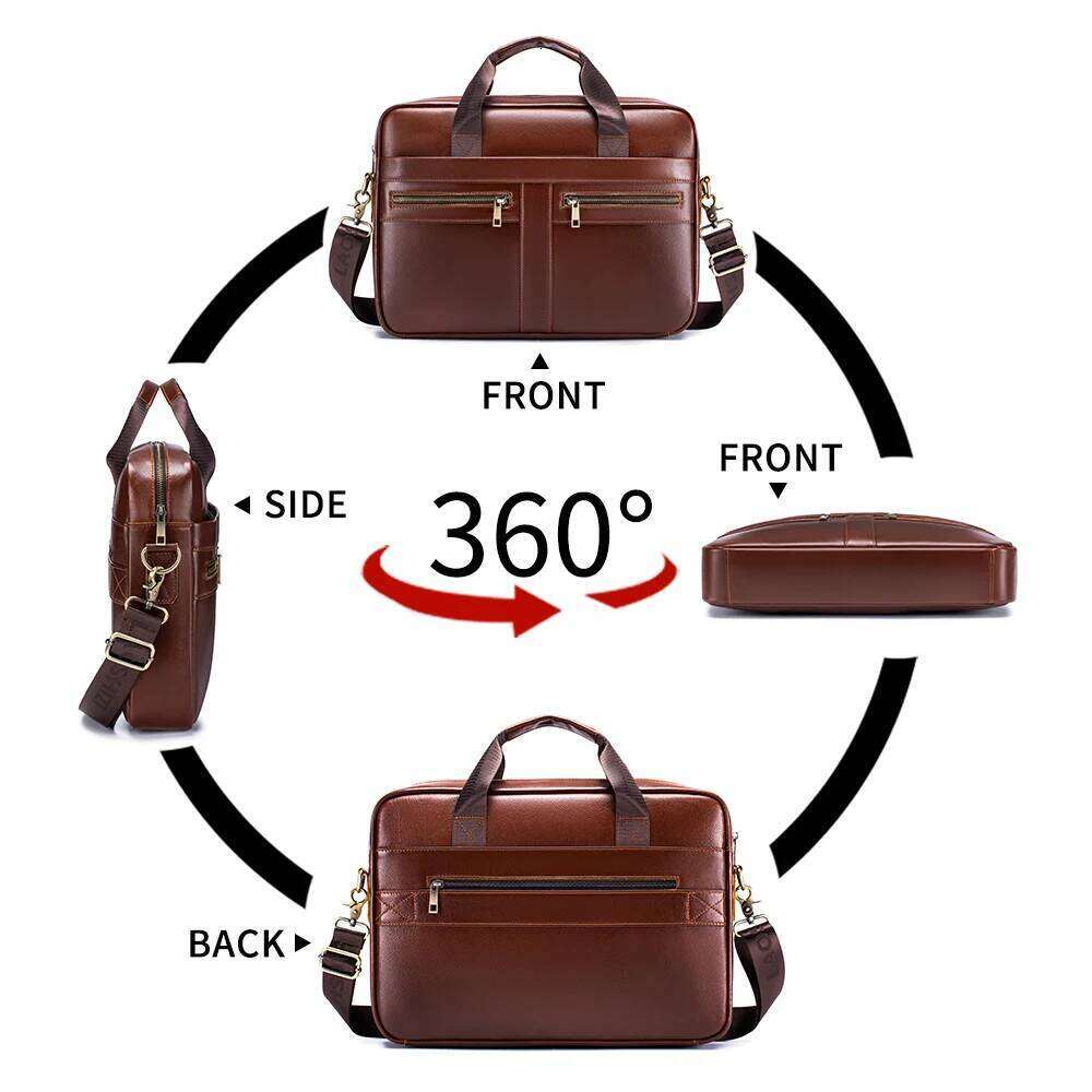 Men's Leather Briefcase, Cowhide Shoulder Crossbody Large Capacity Office Computer Bag, Multifunctional Handbag