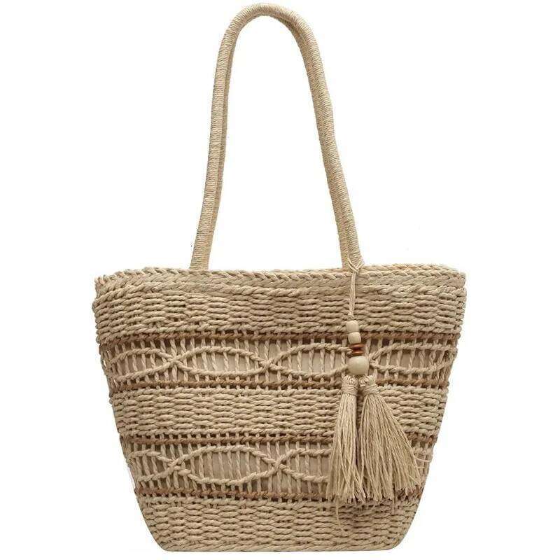 Straw Beach Women's Hand Large Capacity Paper Rope With Tassel Shoulder Bag Woven Handbag