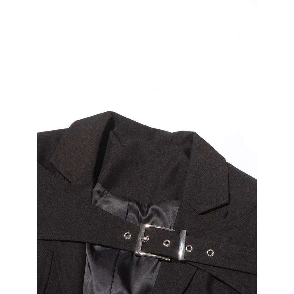TWOTWINSTYLE Solid Hollow Out Coat For Women Lapel Long Sleeve Spliced Belt Chic Sexy Asymmetrical Jackets Female New