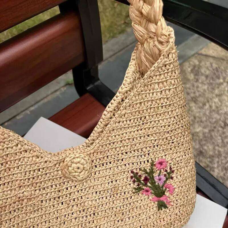 New Summer French Elegant Raffia Grass Underarm Bag For Women Fashion Shoulder Vintage Handbag Designer Tote Flower Embroidery