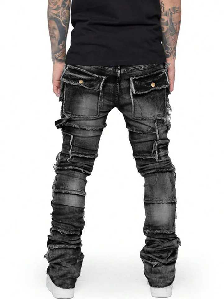 Retro Stretch Patchwork Mens Cargo Pants Distressed Button Pockets Denim Straight Trousers Fashionable Vintage Male Streetwear M250610