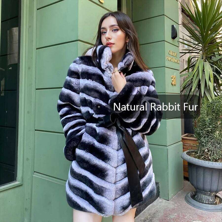 Natural Pelt Jackets Long Style Chinchilla Color Coat For Women Real Rabbit Fur High Quality Genuine Leather Jacket