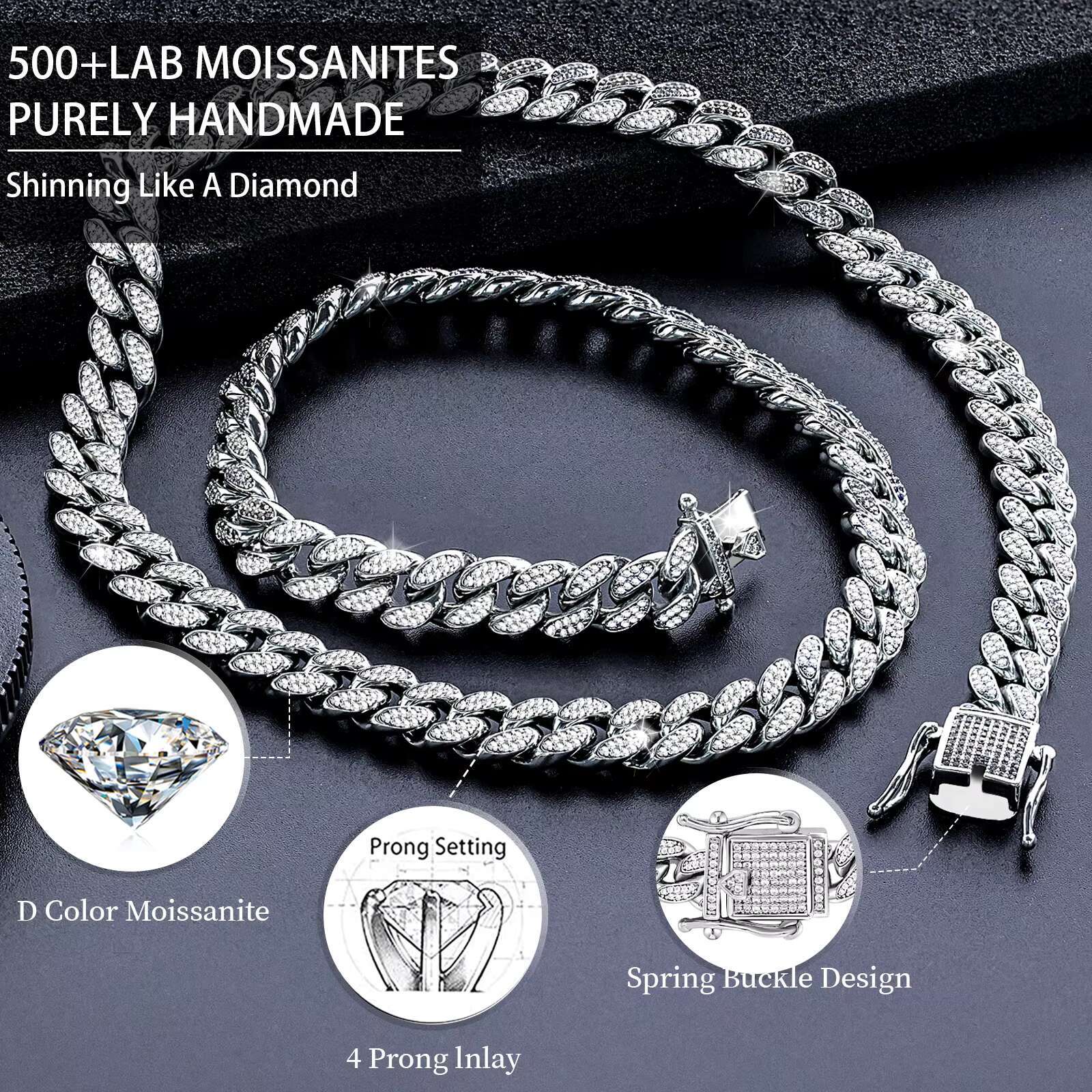 OACOCA Hiphop Jewelry 6mm Two Row Mossanite Necklace VVS Mossanite Diamond S925 Silver Necklace Iced Out Mossanite Cuban Chain Necklace