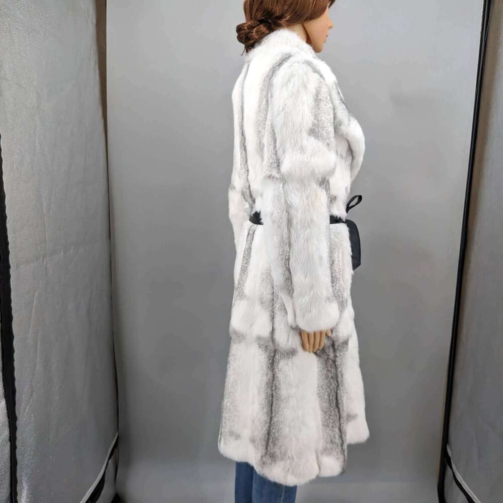 Winter Long Jacket Women Real Natural Rabbit Fur A-Line Coat Thick Warm With Belt Outerwear Streetwear Casual Big Collar 240904