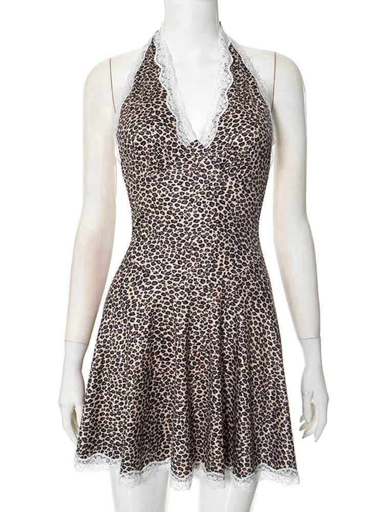 TARUXY V neck Lace Halter Dress For Women Big Backless Sexy Bodycon Mini Dress Leopard Print High Waist Club Party Dress Y2K XJ250610