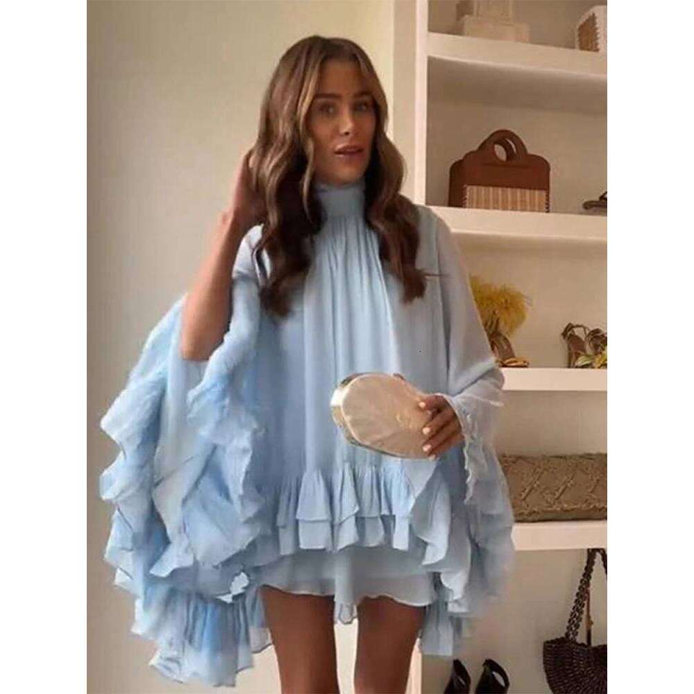 Layered Ruffled Women Shirt Dress Sunscreen Cover High Neck Pleated Beach Irregular Shawl Blouse Top Mesh Fashion Chiffon Shirts