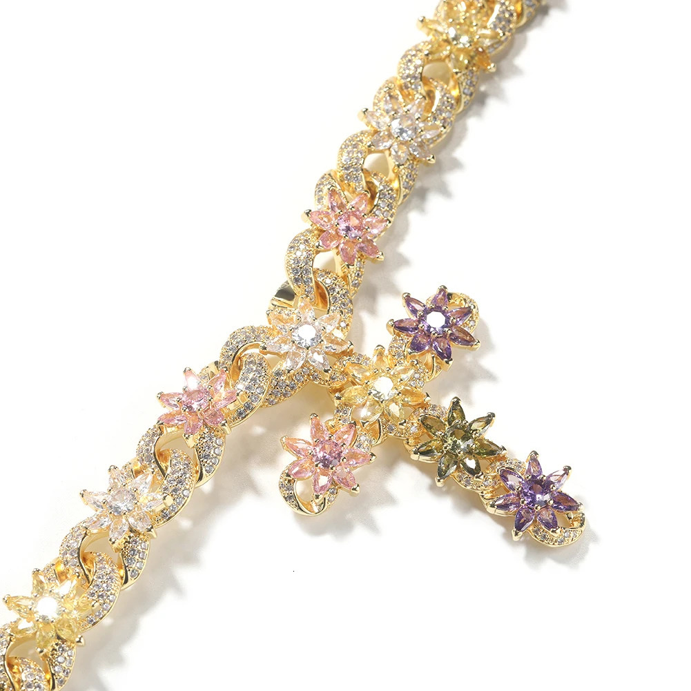 Uwin Colorful Flower Cuban Chain Full Paved Iced Out Bling Cubic Zirconia Cross Charms Baguette CZ Cuban Chain HipHop Jewelry 250609