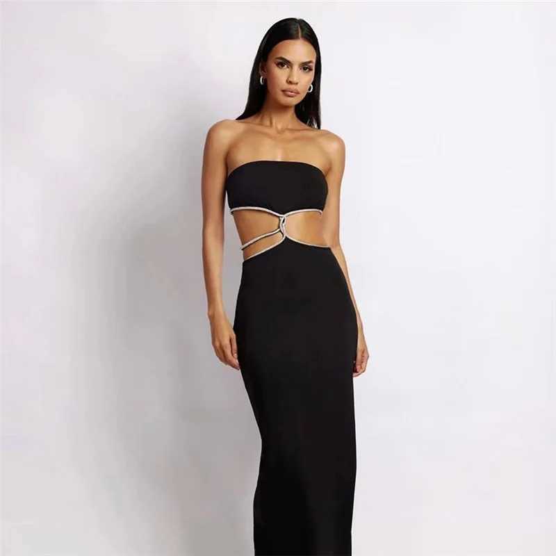 Puloru Black Off Shoulder Party Tube Top Dress Elegant Retro Sleeveless Strapless Hollow Out Backless Split Wrap Dress Vestidos XJ250610
