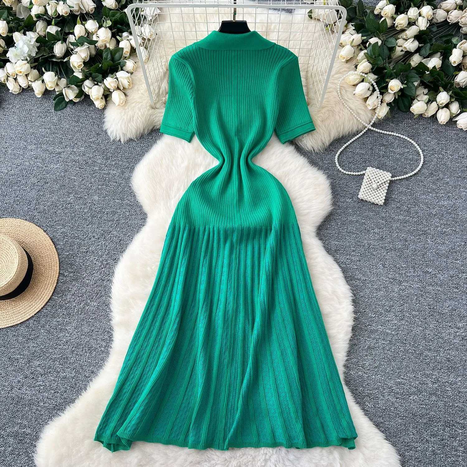 YuooMuoo Chic Fashion Elegant Patchwork Knitted Maxi Dress 2025 Summer Lady Turn-down Collar Shirt Sweater Dress Party Dresses XJ250610