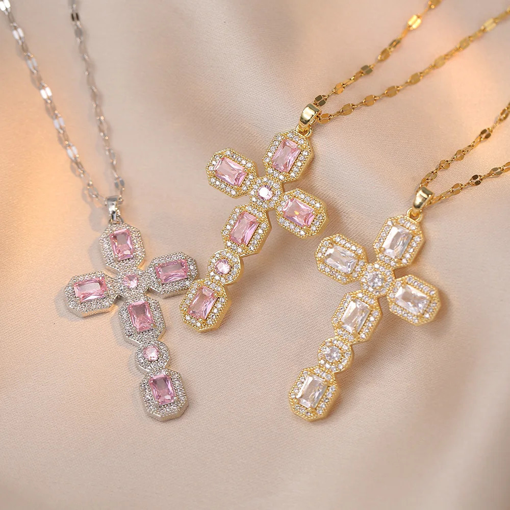 White Pink Zircon Big Cross Pendants Clavicle Necklaces For Women Stainless Steel Chains Necklace Birthday Party Jewelry 250609