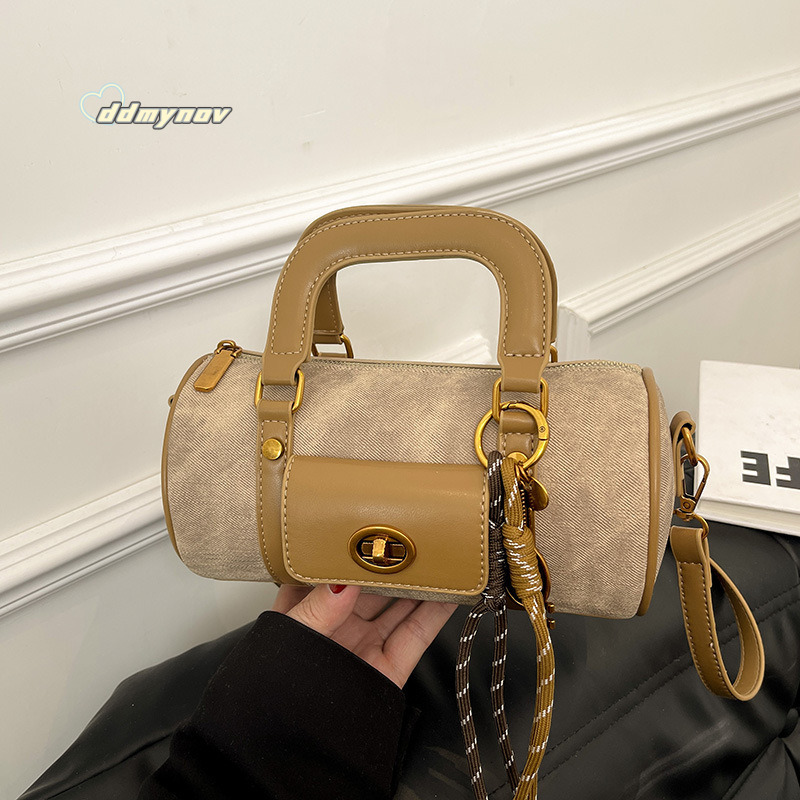 New 2025 Fashion Handbag Versatile Commuter Color-Block Tote Cylinder Single Shoulder Crossbody Bag for Women ddmynov