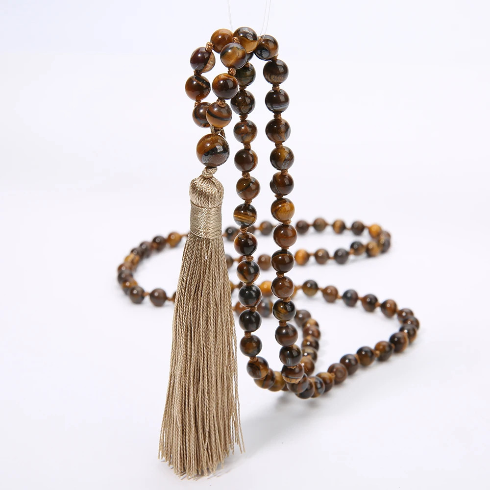 6mm Yellow Tiger Eye Mala Beads Necklace - Serene Meditation Aid with 108 Knotted Japa Mala Beads Tassel Detail 250604