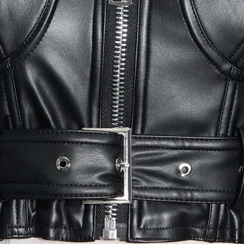 Lautaro Y2k Black Faux Leather Crop Top Women Square Neck Long Sleeve Zipper Cropped Jacket 2021 Sexy Backless Fashion 5Xl 6Xl