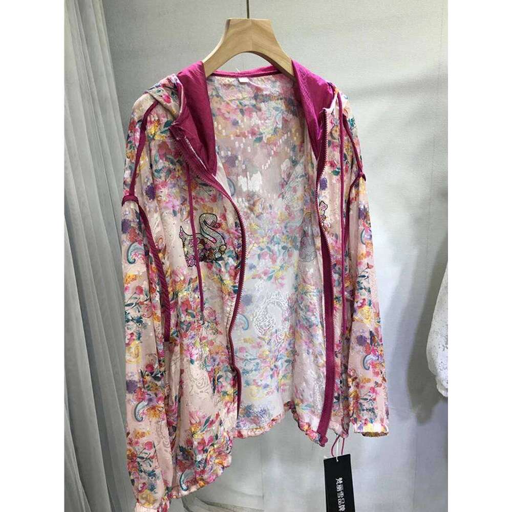 Women Zip Air Conditioning Top High Quality Hot Drill Floral Sunscreen Shirt Spring Summer Thin Hooded Cardigans Coat