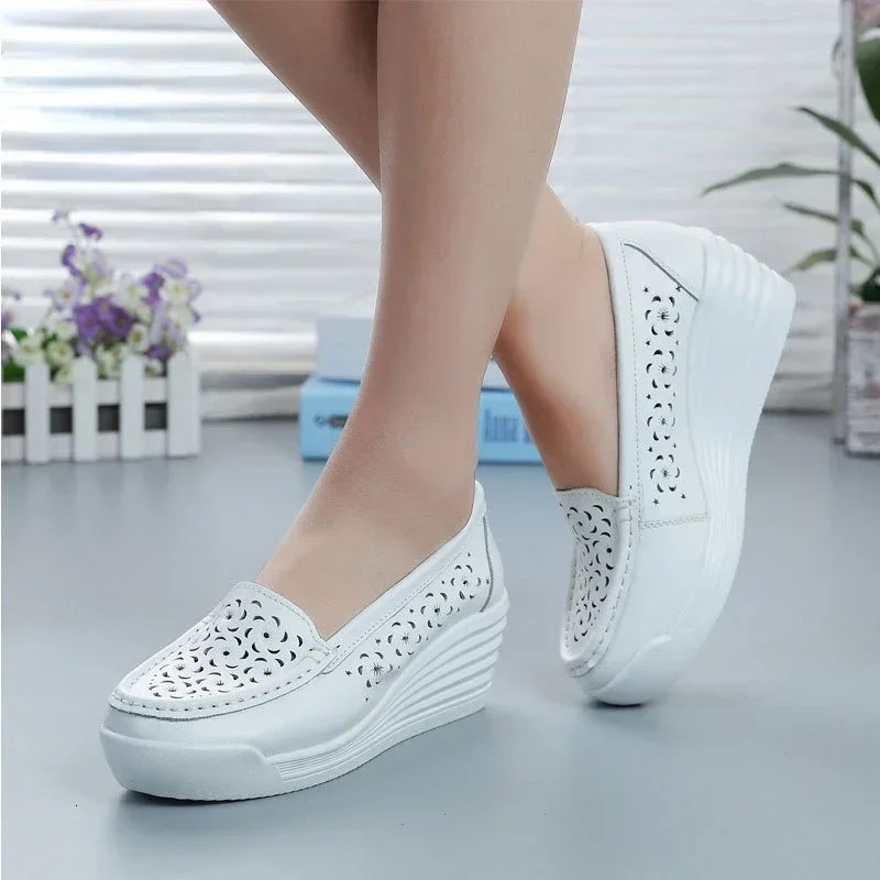 Women Wedge Platform Shoes Fashion Comfortable Increase Casual Slip-on Womens Loafers Summer Hollow Out Breathable Shoes 2024 250603