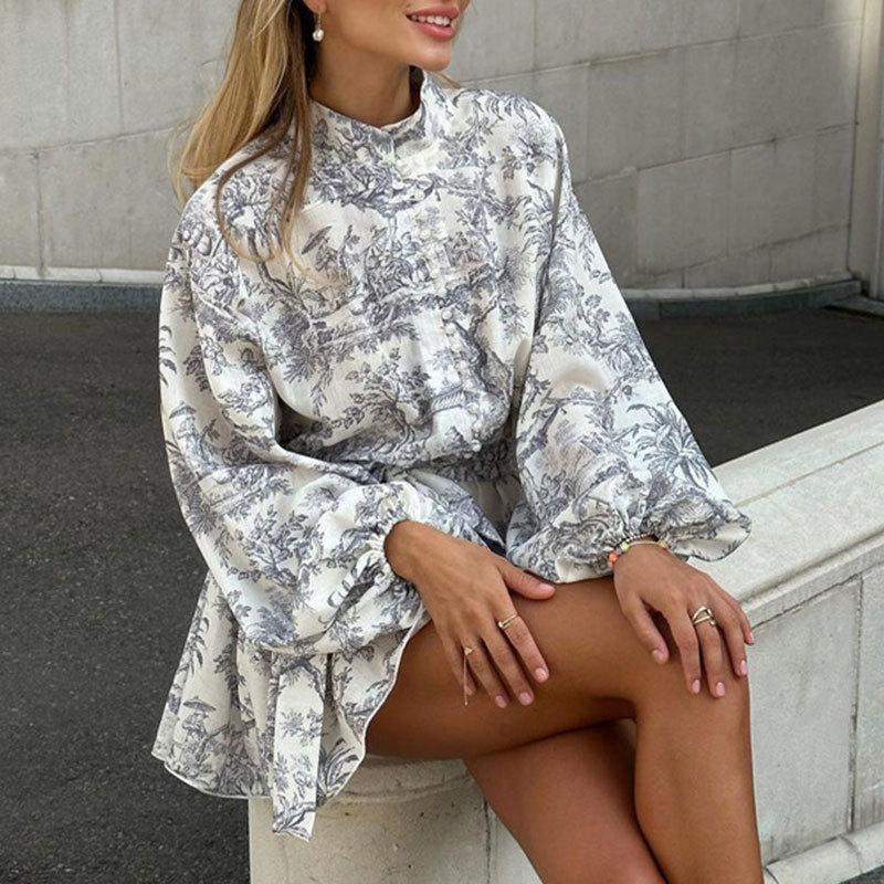 Y615New European and American women's clothing, elegant and fashionable long-sleeved lace-up national style printed European and American dress