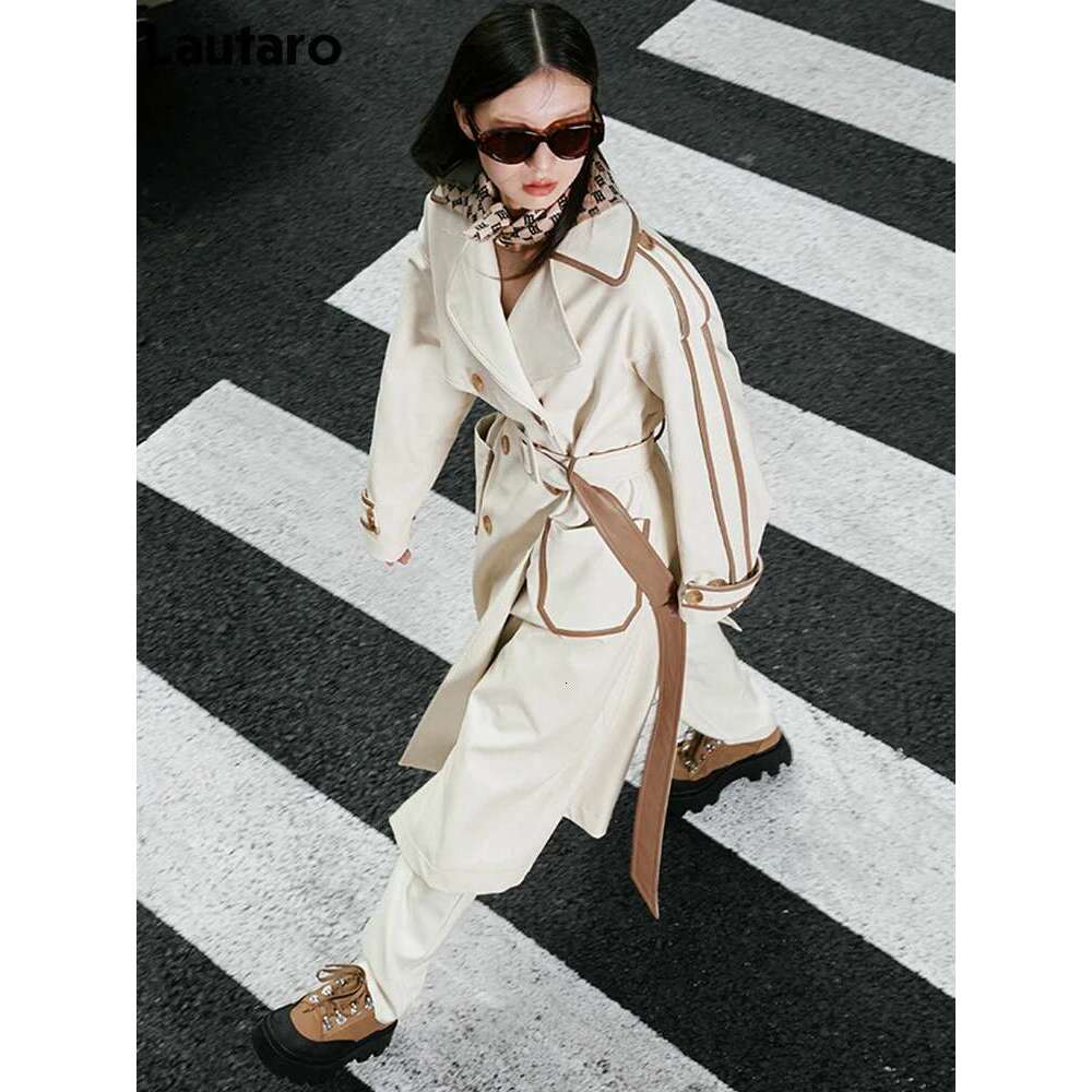 Lautaro Spring Autumn Long Color Block Pu Leather Trench Coat for Women Belt Pockets Designer Loose Stylish Clothes 2022