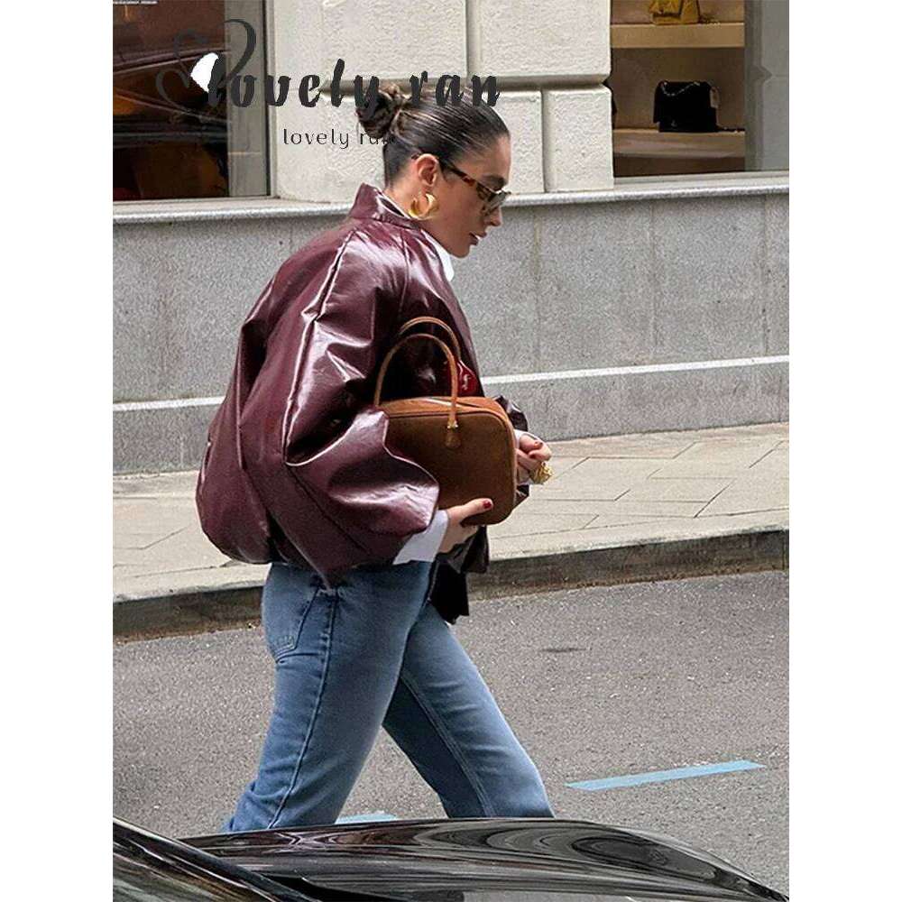 Y2k Bury Leather Bomber Jacket Women Urban Lapel Zipper Pocket Cropped Short Female Coats 2024 Lady Casual Outerwear