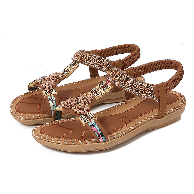 2025 Yasi Run New Bohemian for Women Summer Rhinestone Evening Breeze Flat Round Peep Open Toe Sandals