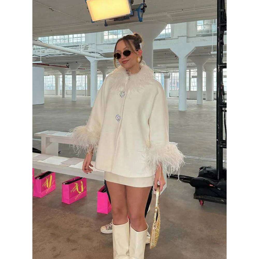 Elegant Feather Collar Cape Coats For Women Casual Solid Single Breasted Jackets Lady Autumn Chic Loose High Street Outwear Tops