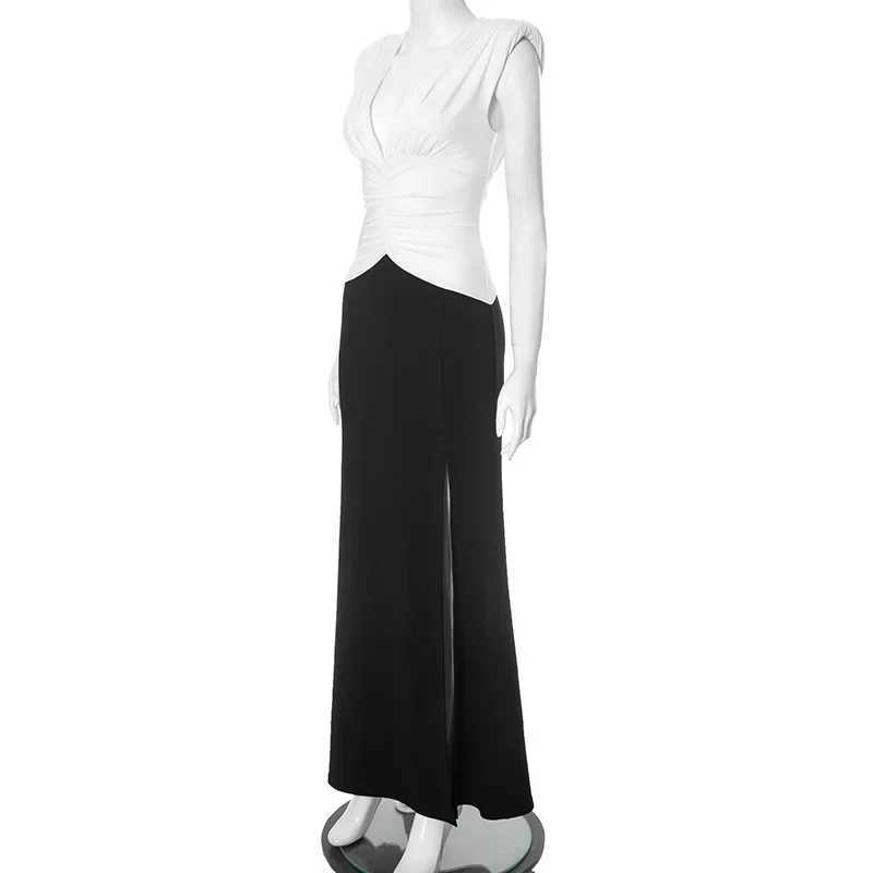 Summer Sleeveless V Neck Sexy Party Club Maxi A Line Dress Outfits Women Patchwork Backless Bodycon Split Long Evening Dresses XJ250610