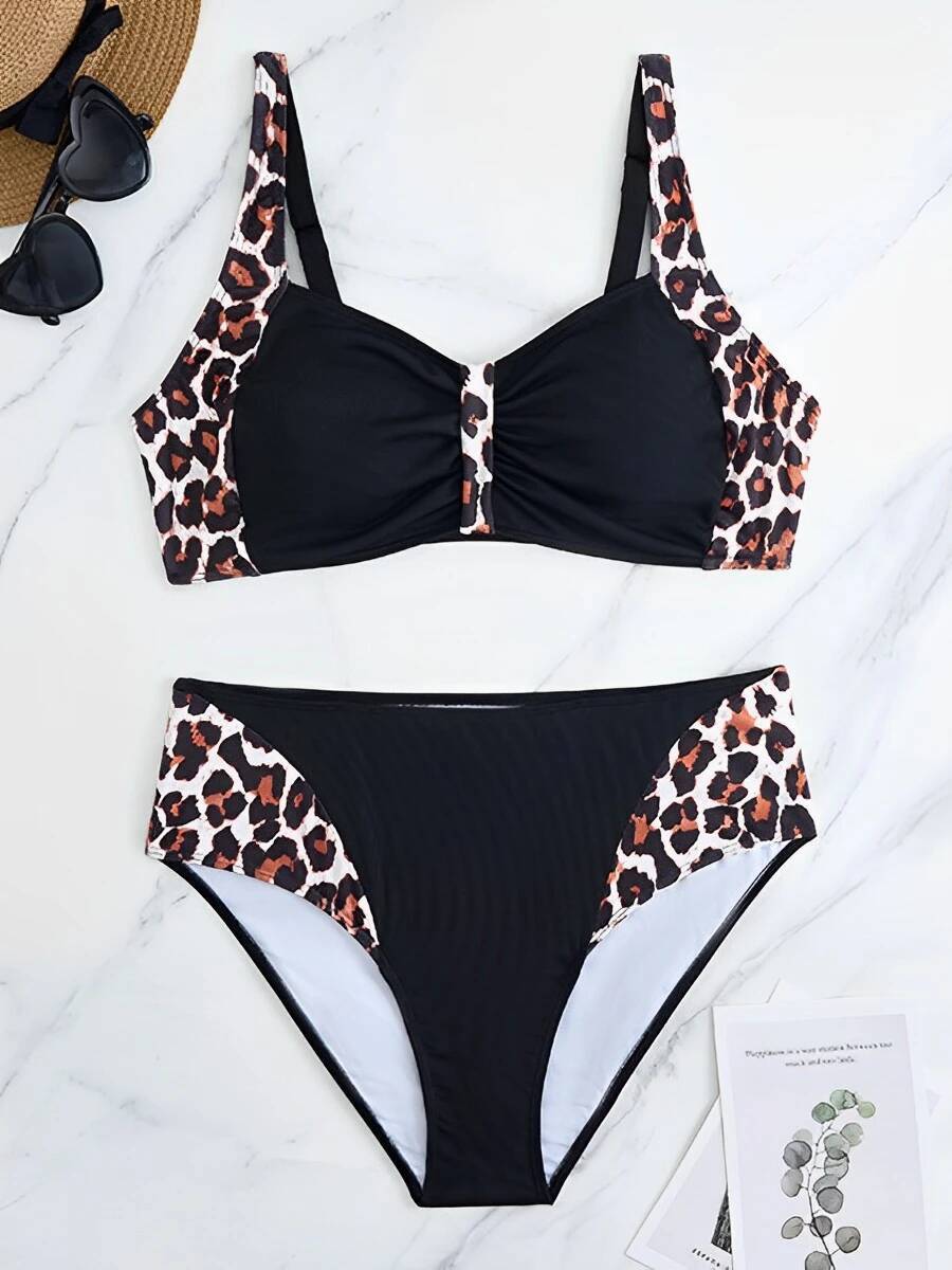 2025 Large Size Leopard Bikinis Two Pieces High Waist Swimsuit Women Halter Swimwear Female Bathing Swimming Suit Beachwear