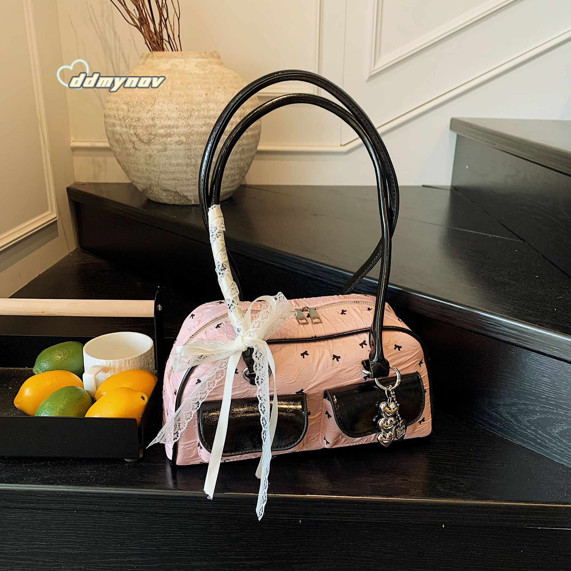 Korean Niche Bowknot Underarm Ins Double Pocket Bowling Handbag Stylish Shoulder Bag ddmynov
