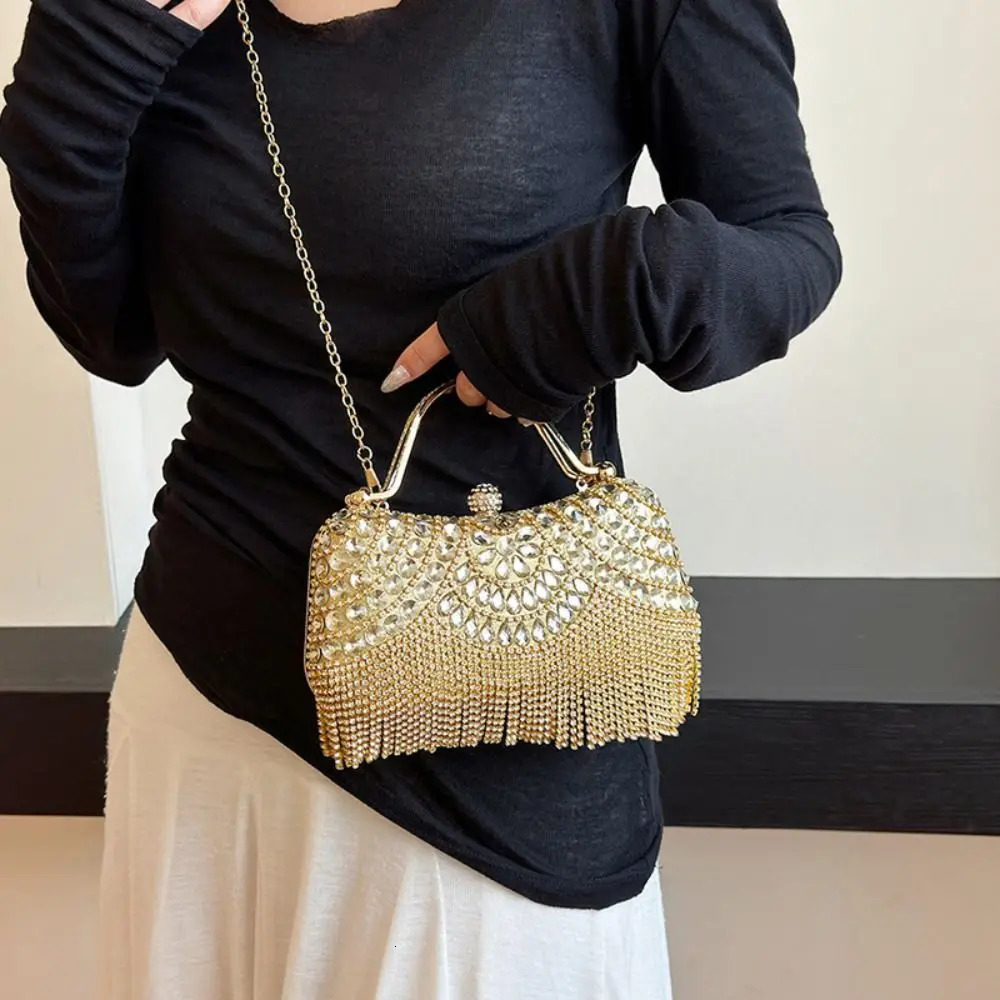 Metal Top Handle Tassel Evening Banquet Bag Glitter Wrist Bag Box Handbag Large Capacity Rhinestone Ladies Clutch Bag Women 250606