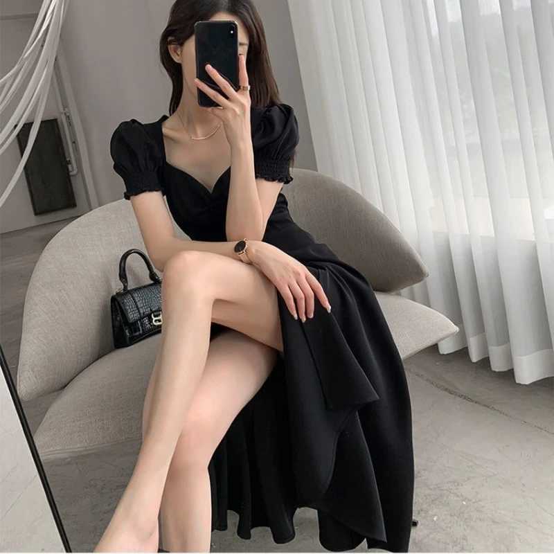 Solid Puff Short-Sleeved Elegant Slit Dress New Fashion Women V-neck Full Dresses Ladies High Waist Slim Evening Party Vestidos XJ250610