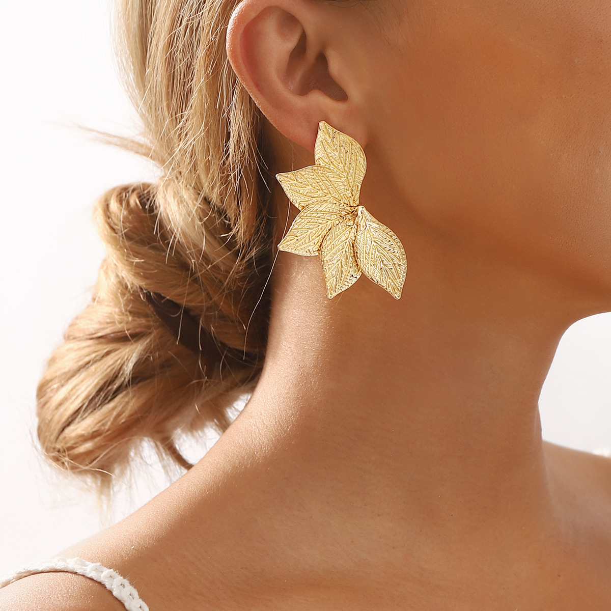 European American Geometric Leaf Textured Earrings Bold Vintage Heavy Metal Style Statement Studs for Women