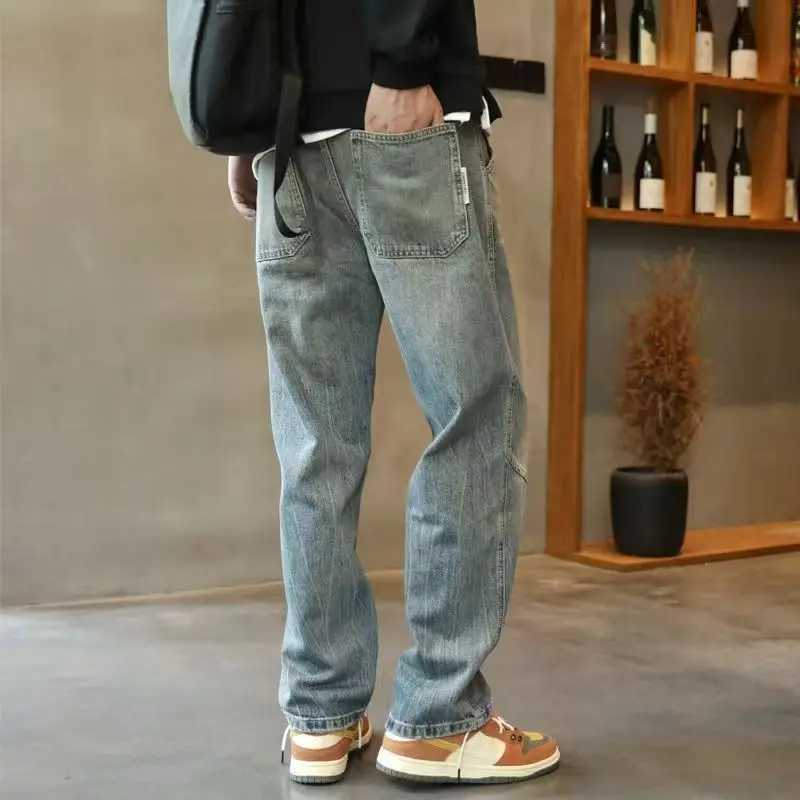 Fashion 2025 Mens Autumn Retro Design Patchwork Loose Fit Denim Jeans Heavy Washed Casual Drop Crotch Wide Leg Harem Pants M250610