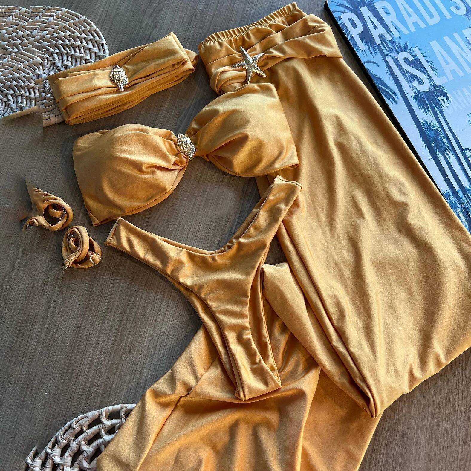 3 Pieces White Bikini Set Sexy Bikinis Women Swimsuit Female Push Swimwear Long Skirt Halter Bathing Suit Beachwear Cover Up