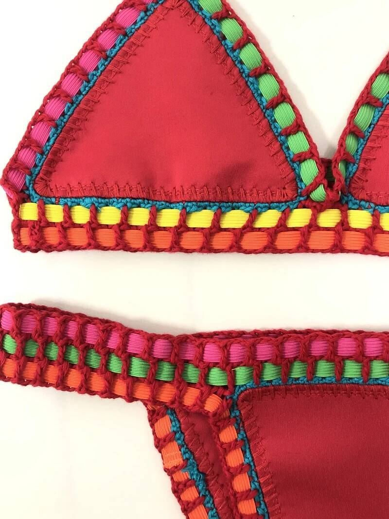 Women Boho Sexy Swimwear with Elastic Handmade Red Crochet Beachweaar 2 Pieces Bikini Set Poolside Wear Vacation Outfits