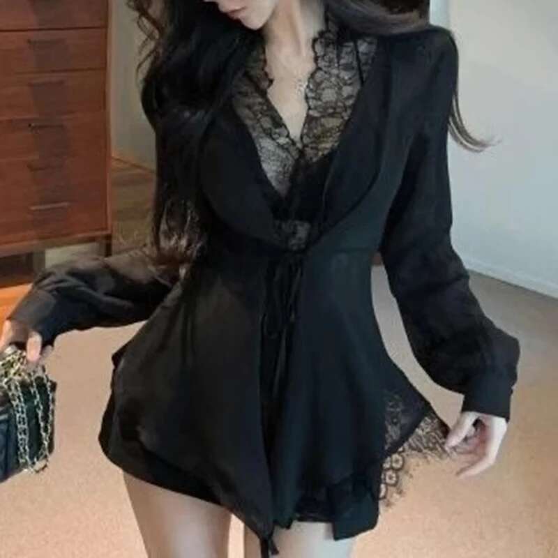 DEAT Fashion Women's Lace Patchwork Edge Sunscreen Shirt Loose Solid Color Lace-Up Long Sleeve Tops Female Trendy 11A03915