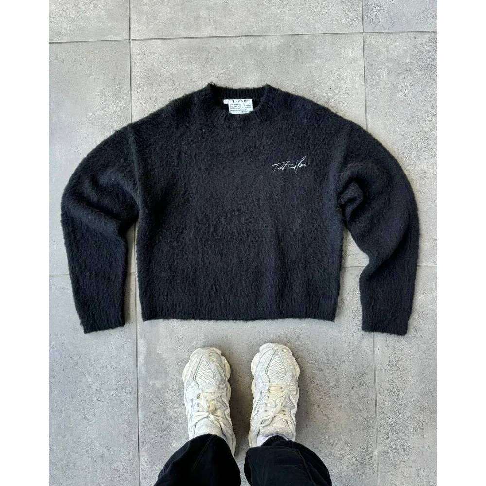 2025 American High Street Couple Sweater Men And Women Winter Loose Letter Design Crew-Neck Knitwear Street Trend Retro Pullover