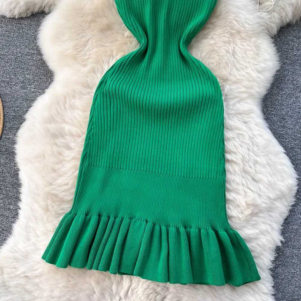 Summer Knitted Bodycon Sexy Dress 2024 O Neck Sleeveless Ruffled Party Sundress High Street Elastic Slim Short DressXJ250610