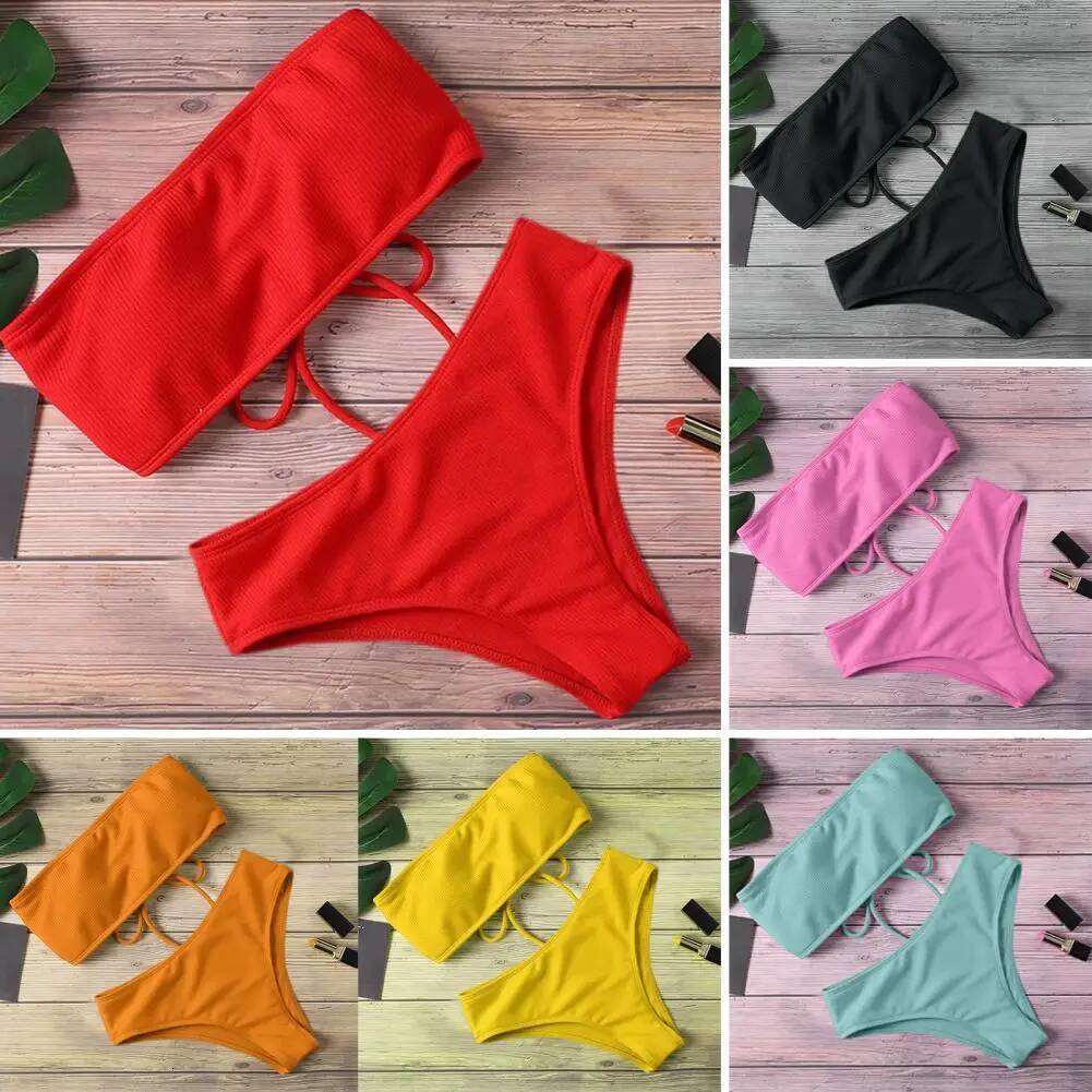Bathing Two-piece Summer Swimwear Bra Briefs Bikini Set with Chest Pad Wire-Free Beach Suit Women Clothes