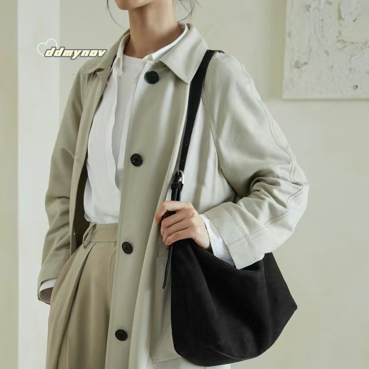 Qiu Zhen Vegetable Tanned (Nubuck Leather) Double Ear Hobo Lazy Single Shoulder Crossbody Large Capacity Commuter Bag ddmynov