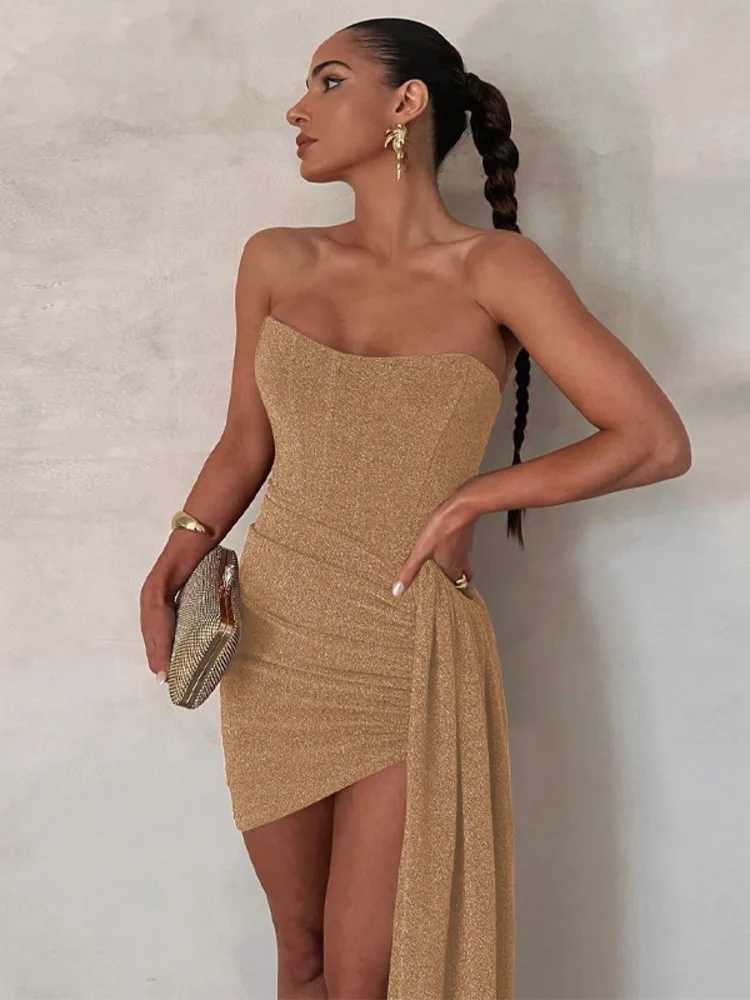 Mozision Elegant Strapless Lace-up Mini Dress For Women Robe 2023 New Off-shoulder Sleeveless Ruched Party Short Dress Vestido XJ250610
