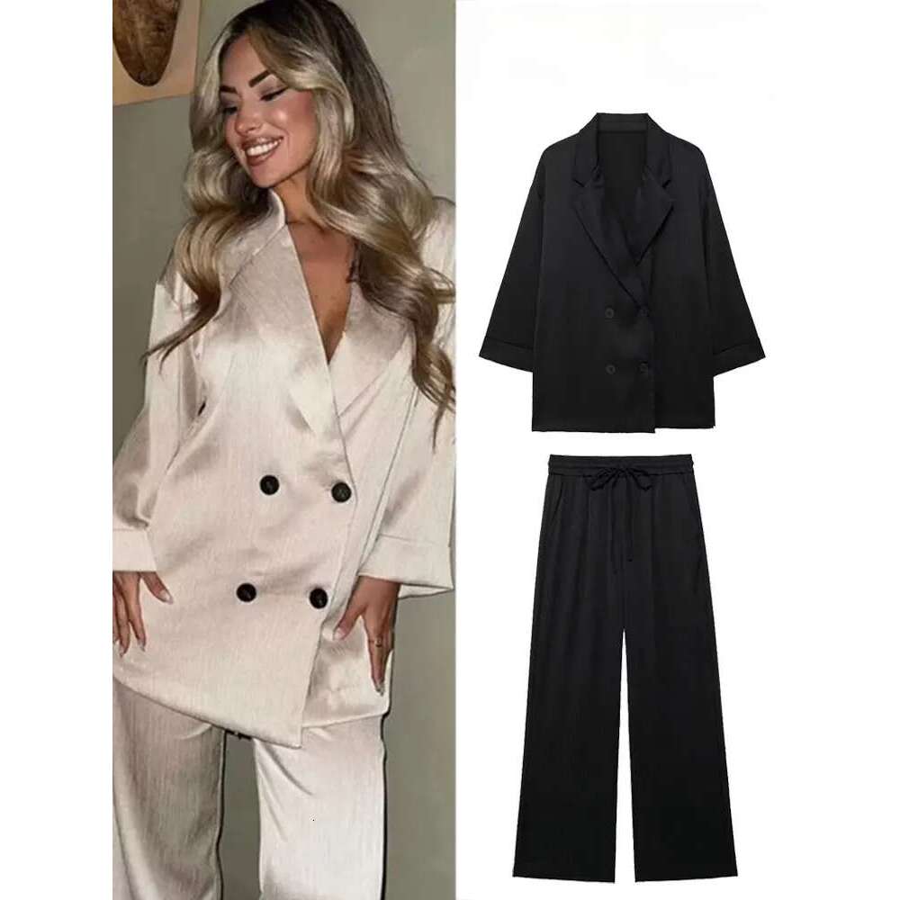 Commuter Suit 2-Piece Retro Wrinkle Effect Double-Breasted Blazer + High-Waisted Women's Casual Lace-Up Trousers