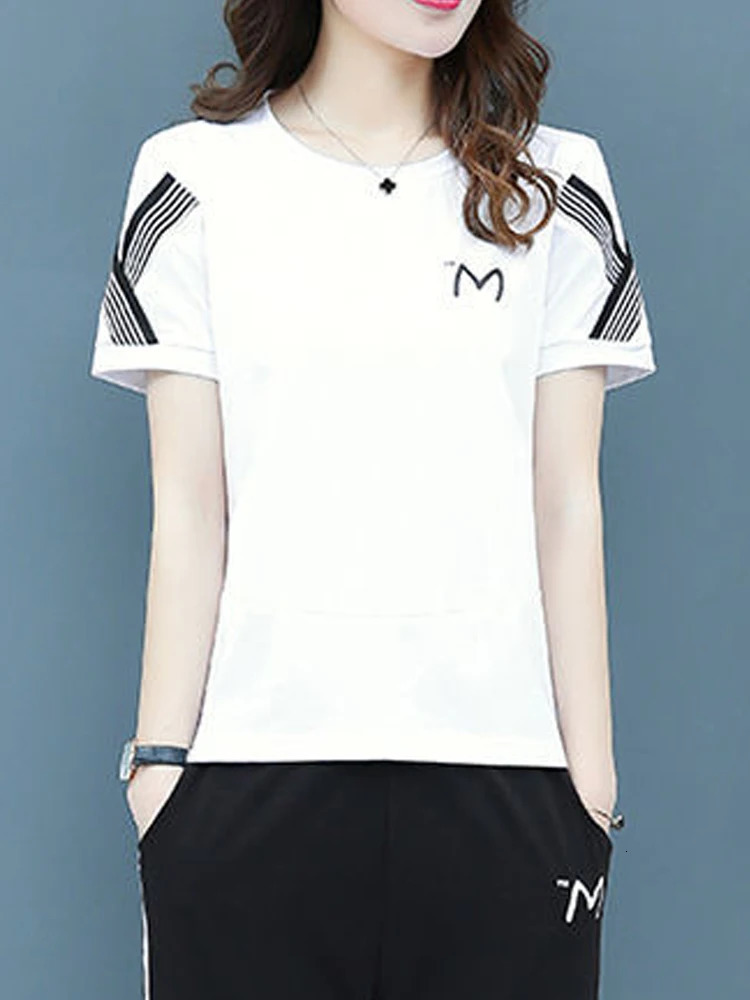 Sports Suit Women Summer Large Size Korean Slim Short Sleeve Cropped Pants Casual Two-piece Set Ladies Sportswear Set 250609