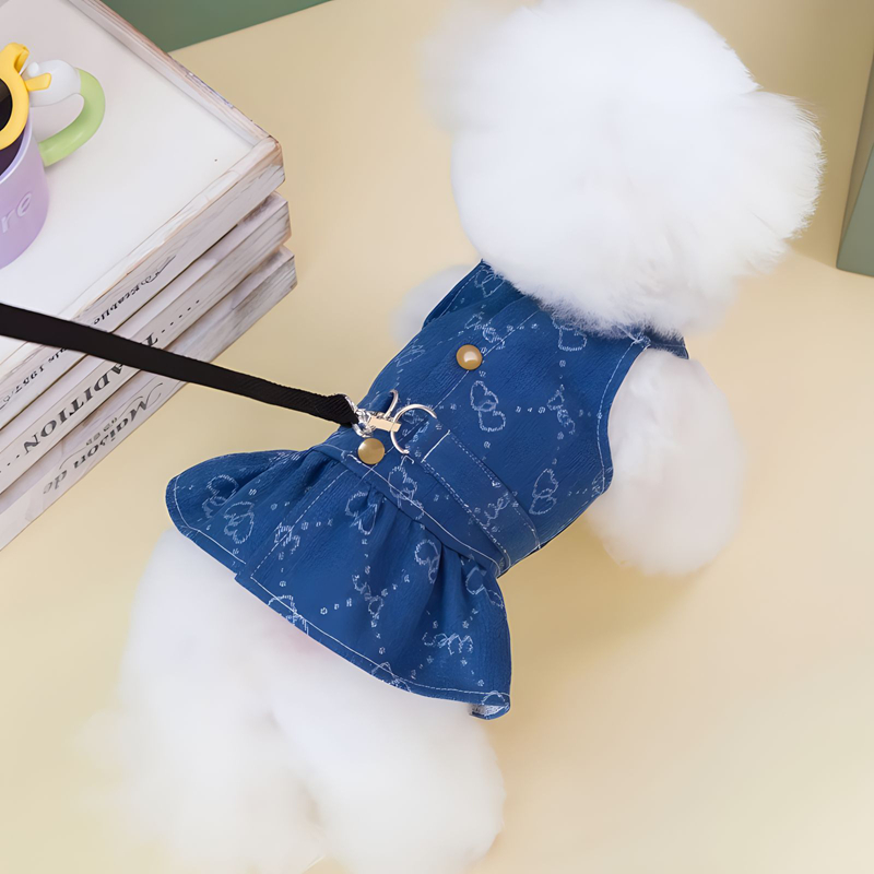 Denim Dog Harness Dresses for Small Dogs Puppy Girl Clothes with Cute Little bear, Heart-shaped Print Summer Cat Apparel with D-Ring Blue Boy Girl Dog