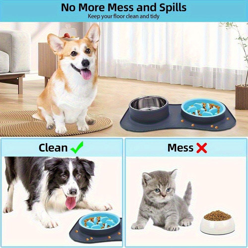 3-in-1 Slow Feeder Dog Bowl with Non-Slip Mat - Stainless Steel Food and Water Bowl for Large, Medium, and Small Breeds, Prevents Choking - Ideal for 