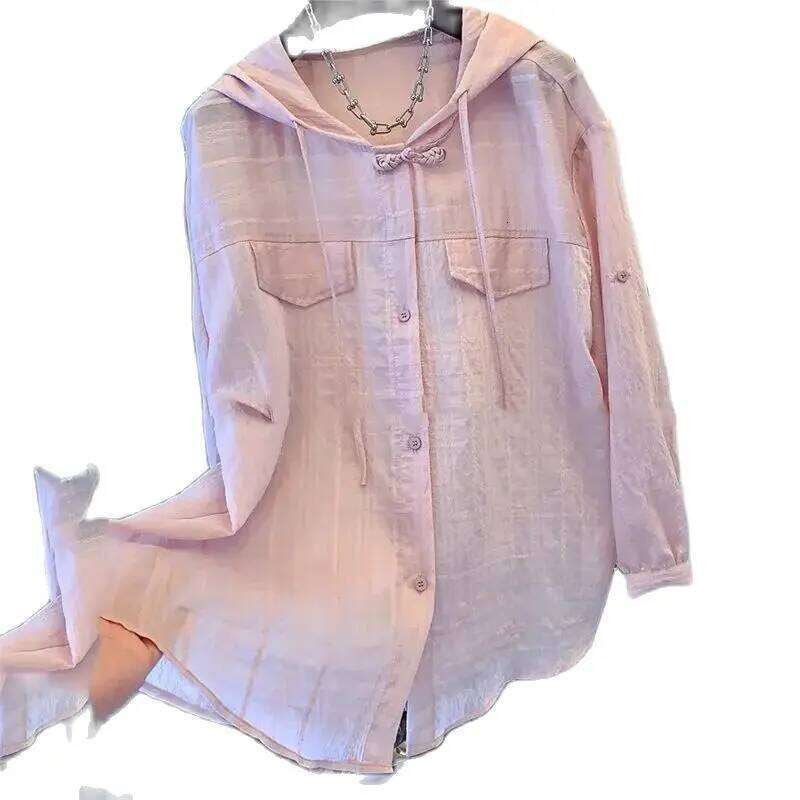 Spring Summer Hooded Sunscreen Shirt Coat Women2024new Fashion Loose Vasual Large Size Thin Tops Pure Colour Blouse Female