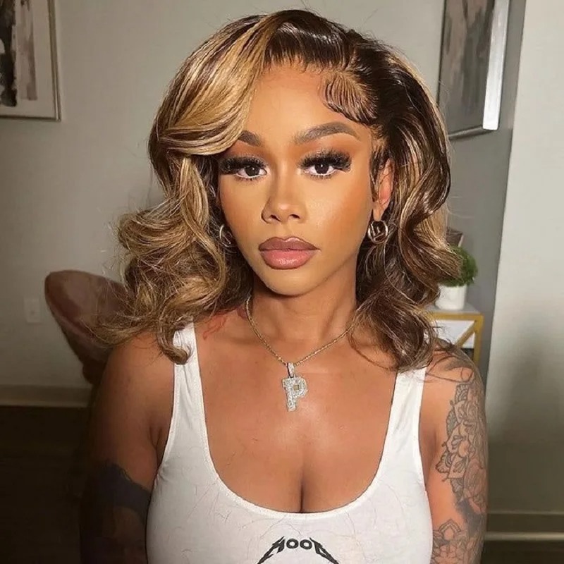 Highlight Body Wave Bob Wig Human Hair Lace Front Human Hair Wigs For Women Honey Blonde 13X4 Transparent Lace Frontal Wig Synthetic