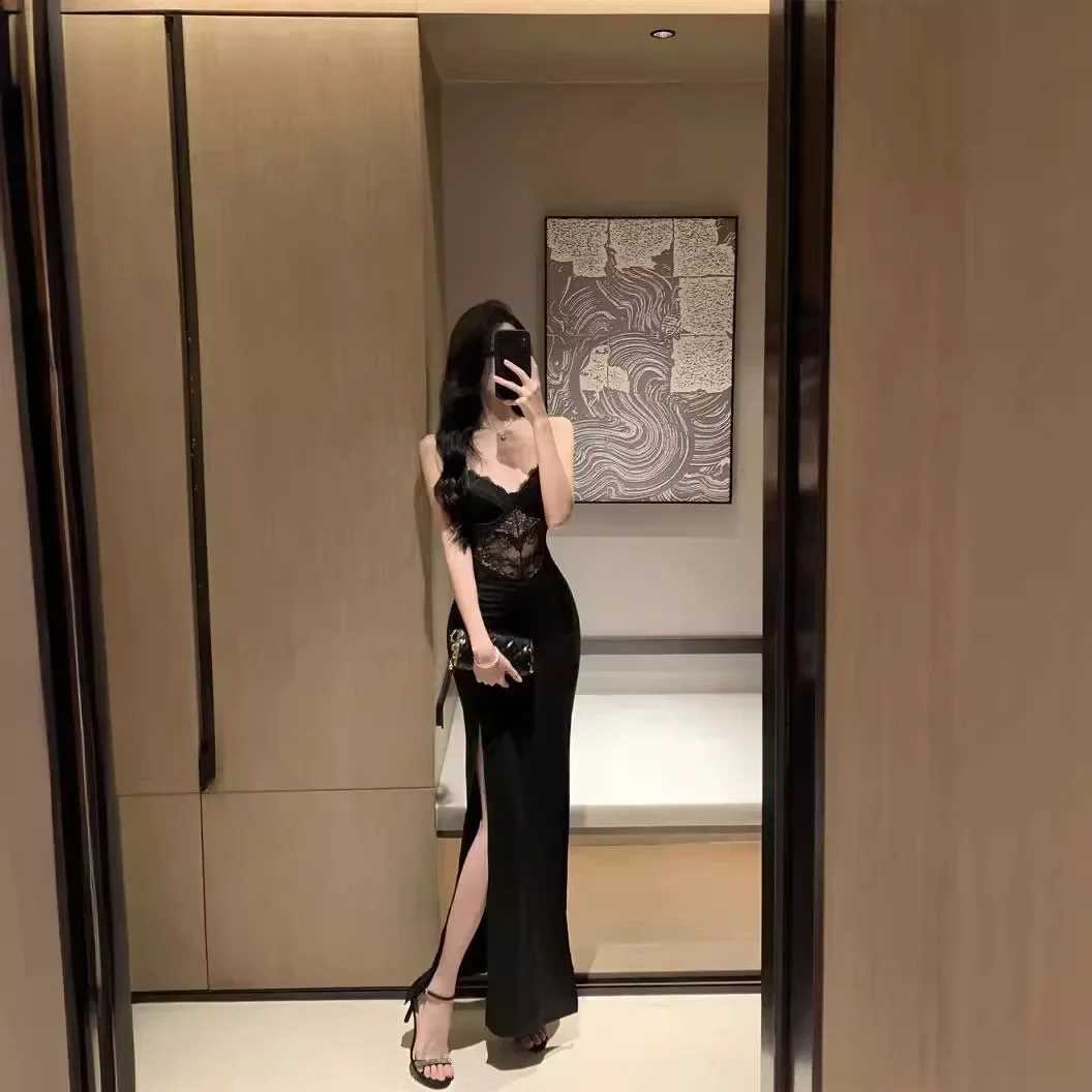 Black Lace Splice Sexy Open Split Bodycon Waist Cinched Evening Gown Dress with Chest Pad Strap Dress Women Polyester Fiber XJ250610