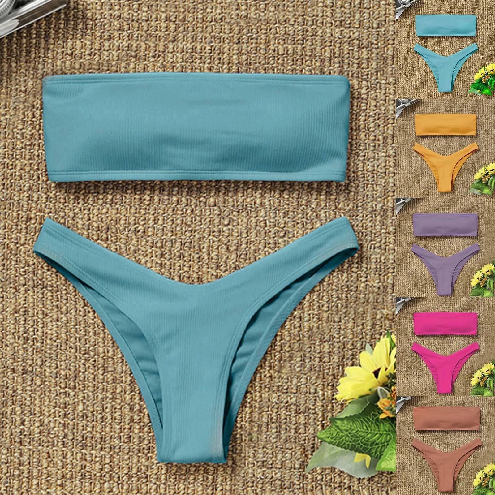 Sexy Textured 2024 Bandeau Swimsuit Women Swimwear Push Up Bikini Set Solid Bathing Suit Beach Wear Biquini Female