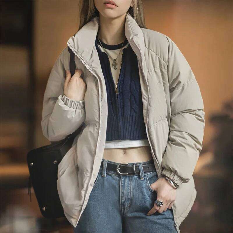 Maden Women Autumn Winter 90% White Duck Down Thickened And Warm Stand Collar Outerwear Coat Windproof Jacket