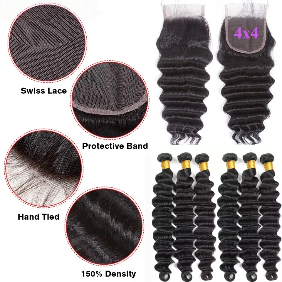 3/4 Hair Brazilian Water Wave Hair Bundles 100% Human Hair Weaving Remy Hair Extensions Water Wave Bundles 8-26inch Natural Color Hair Wave Weave Huma